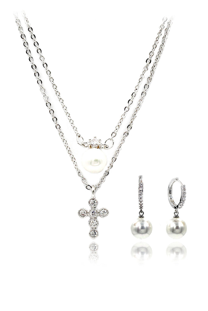 fashion mini cross pearl necklace earrings set