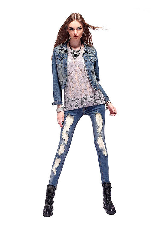 Stretch destroyed denim