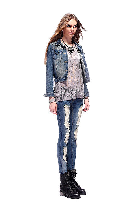 Stretch destroyed denim