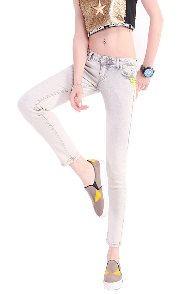 Light grey thin leg pants elastic pencil pantsdenim