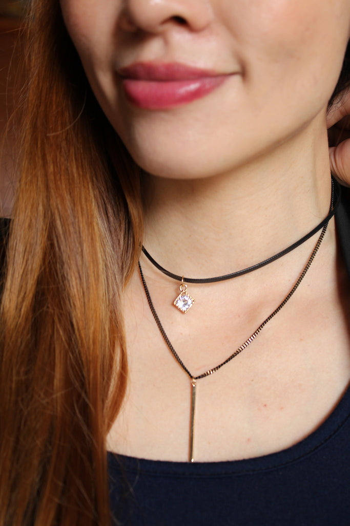 fashion double-chain crystal frame pendant choker