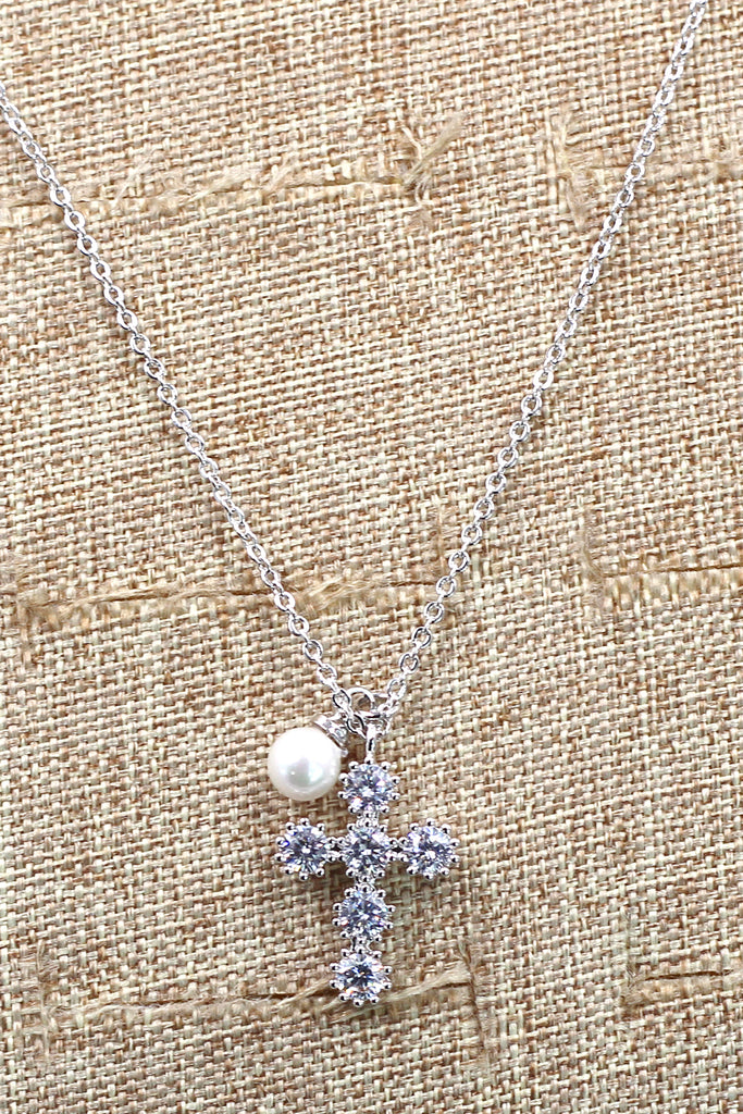 mini cross crystal and pearl rose gold necklace