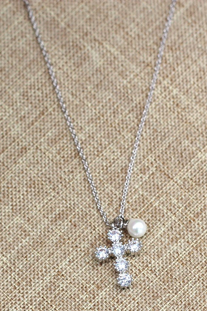 mini cross crystal and pearl rose gold necklace