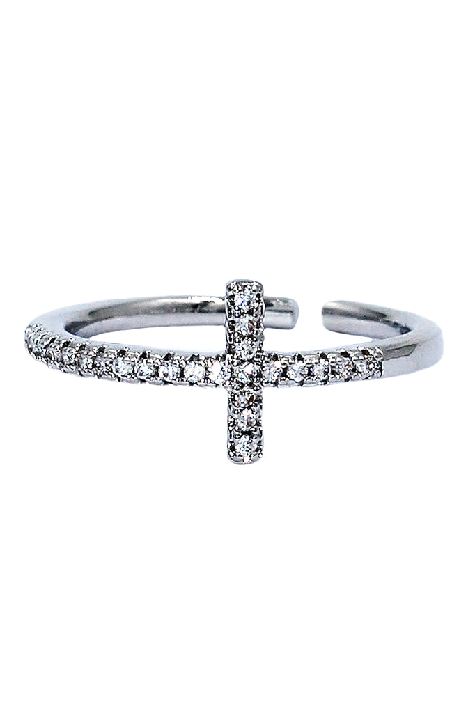Elegant crystal cross open silver ring