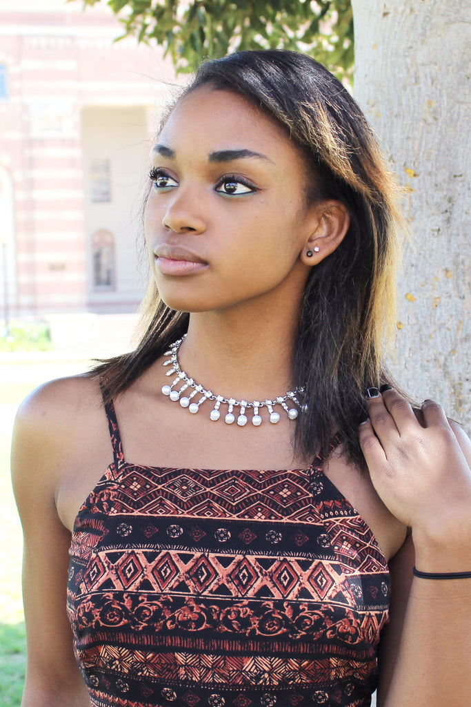 silver pearl crystal necklace