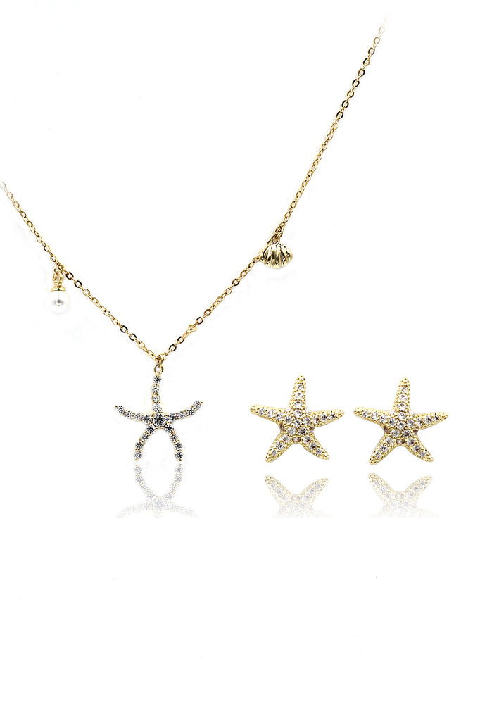 crystal starfish shell pearl necklace earrings set