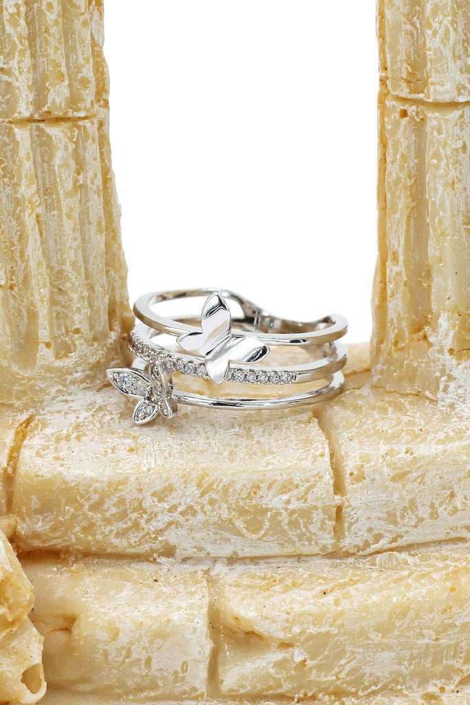lovely micro small crystal butterfly silver ring
