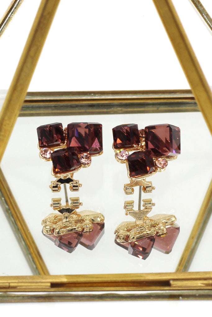 colorful square crystal golden earrings