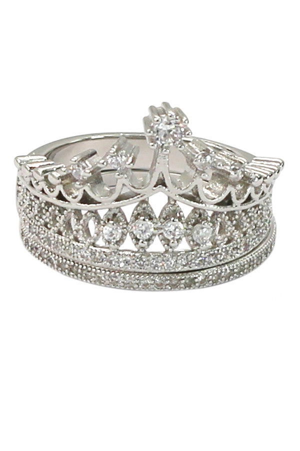 elegant crystal crown double silver ring