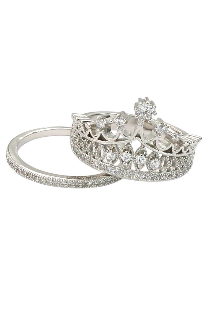 elegant crystal crown double silver ring