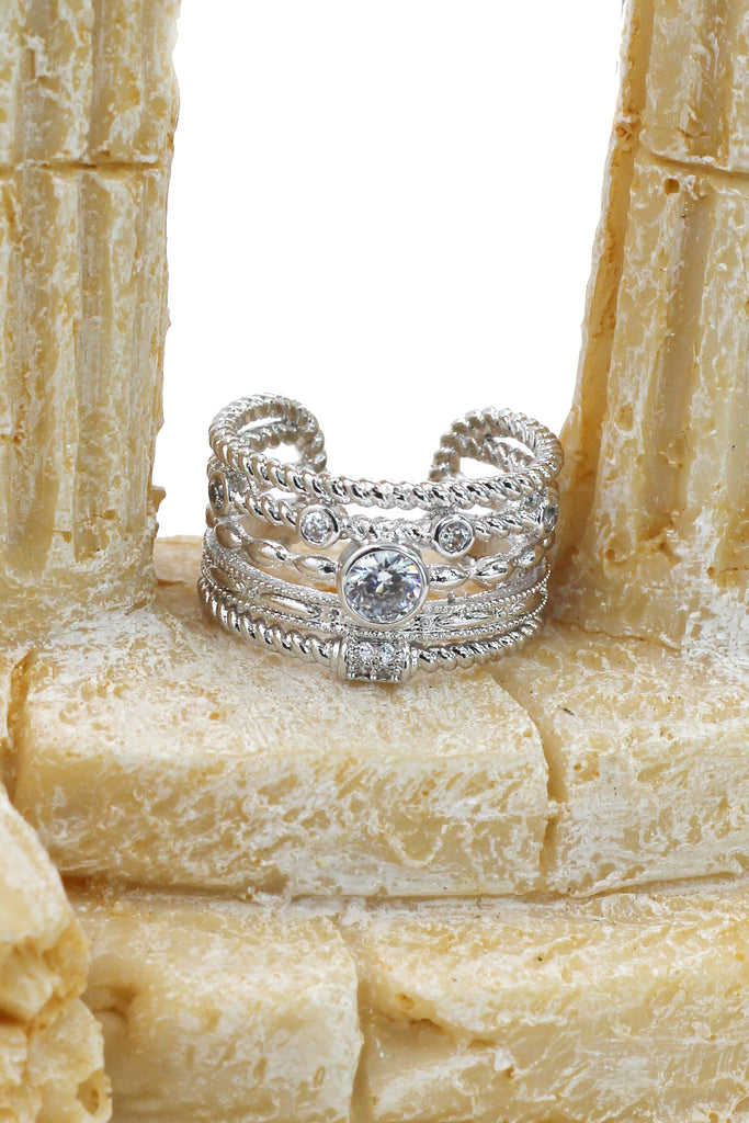 simple multiturn silver crystal ring