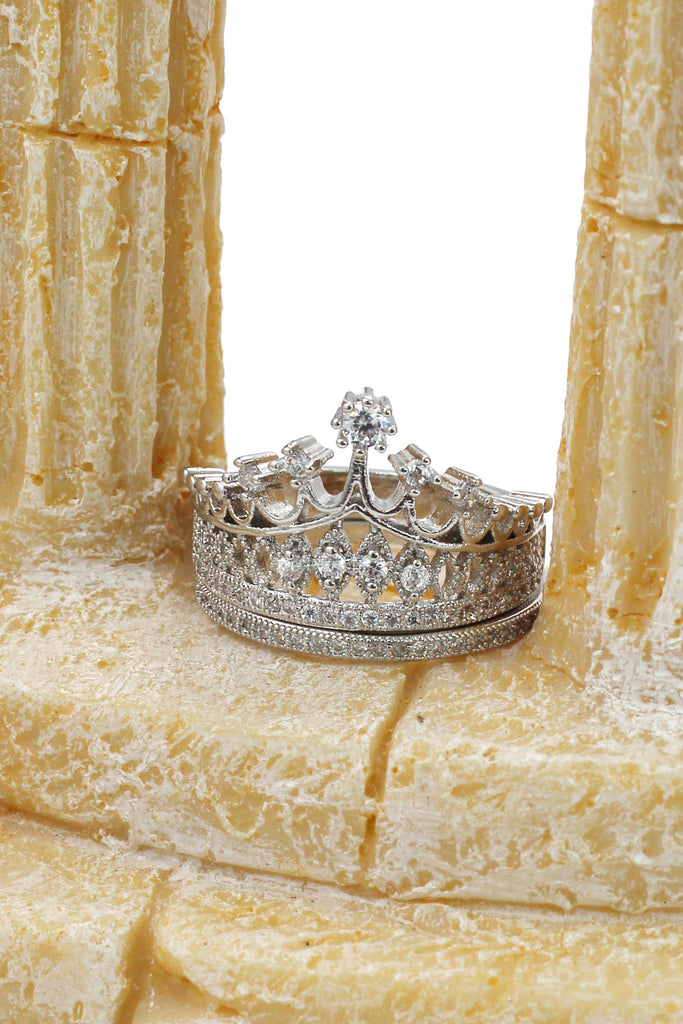 elegant crystal crown double silver ring