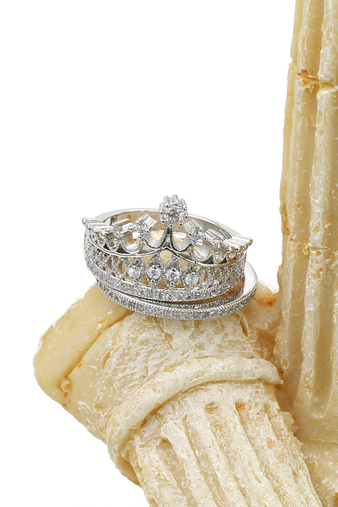 elegant crystal crown double silver ring