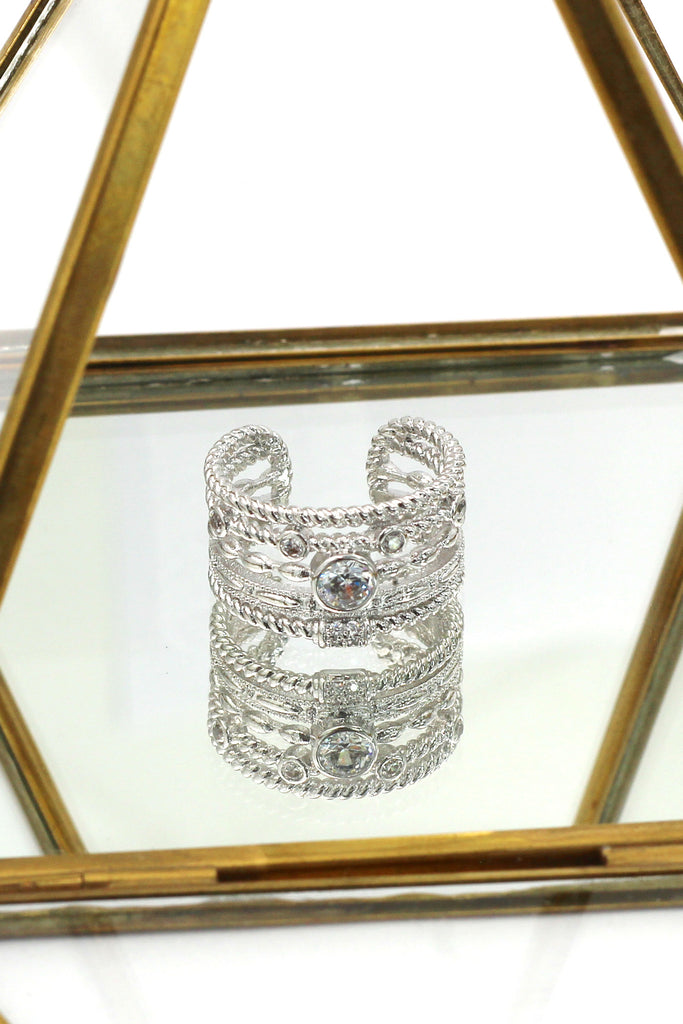 simple multiturn silver crystal ring