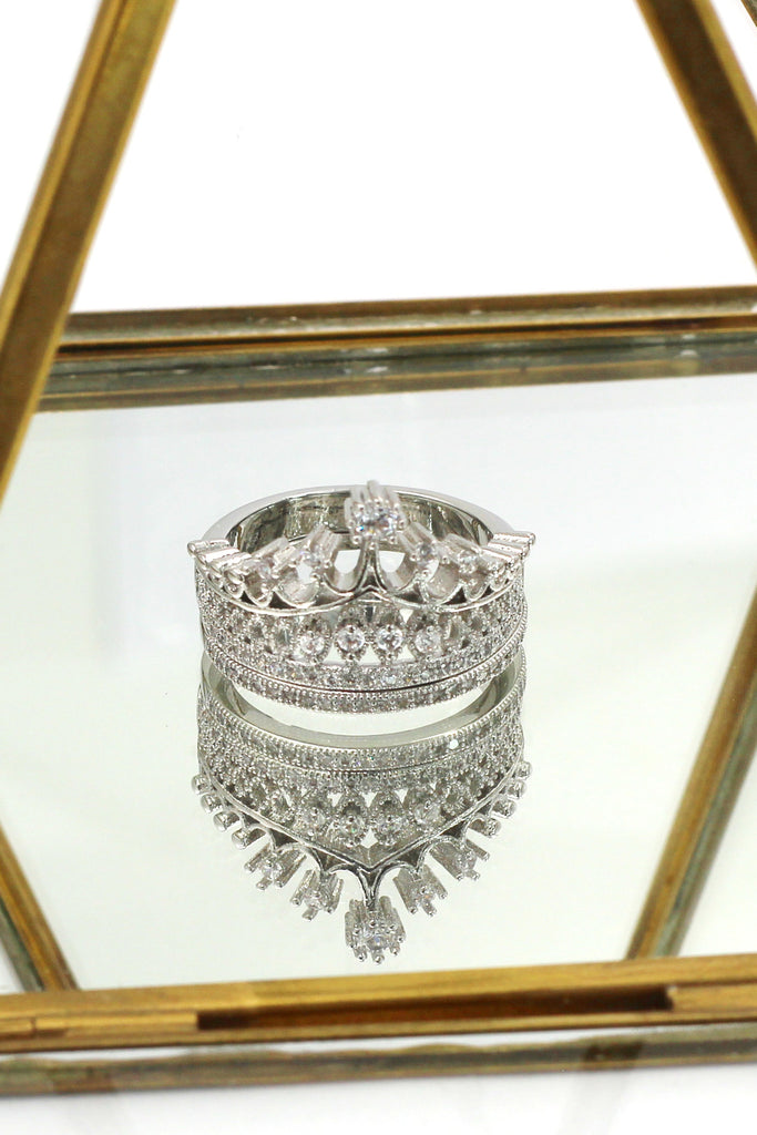 elegant crystal crown double silver ring