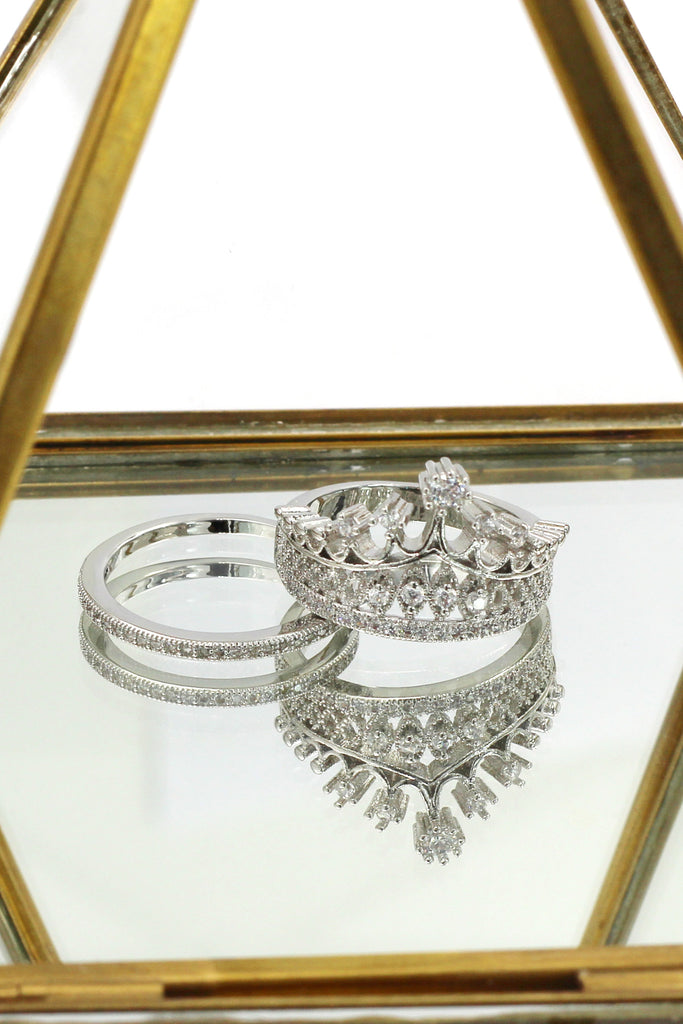 elegant crystal crown double silver ring