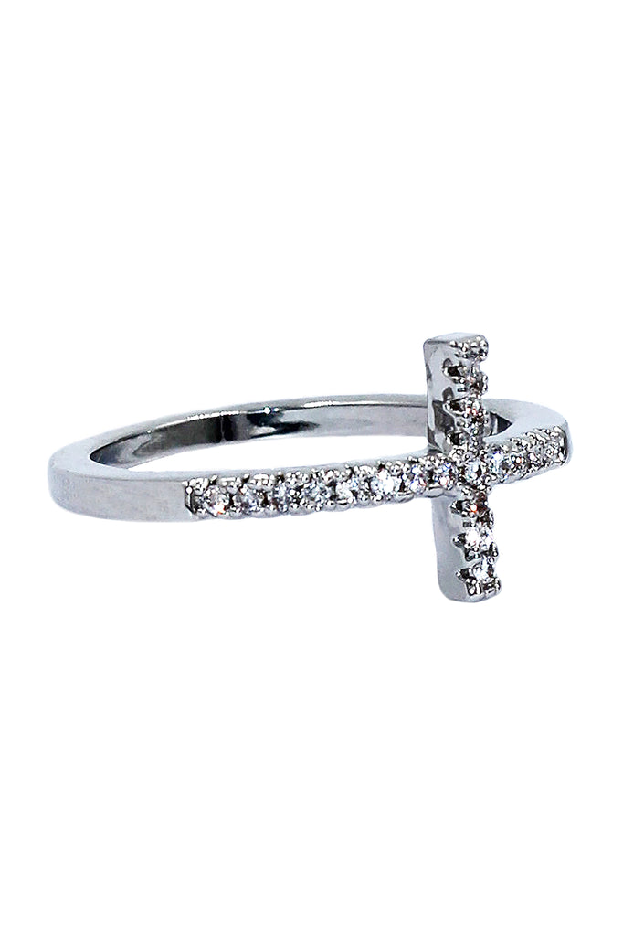 Elegant crystal cross silver ring
