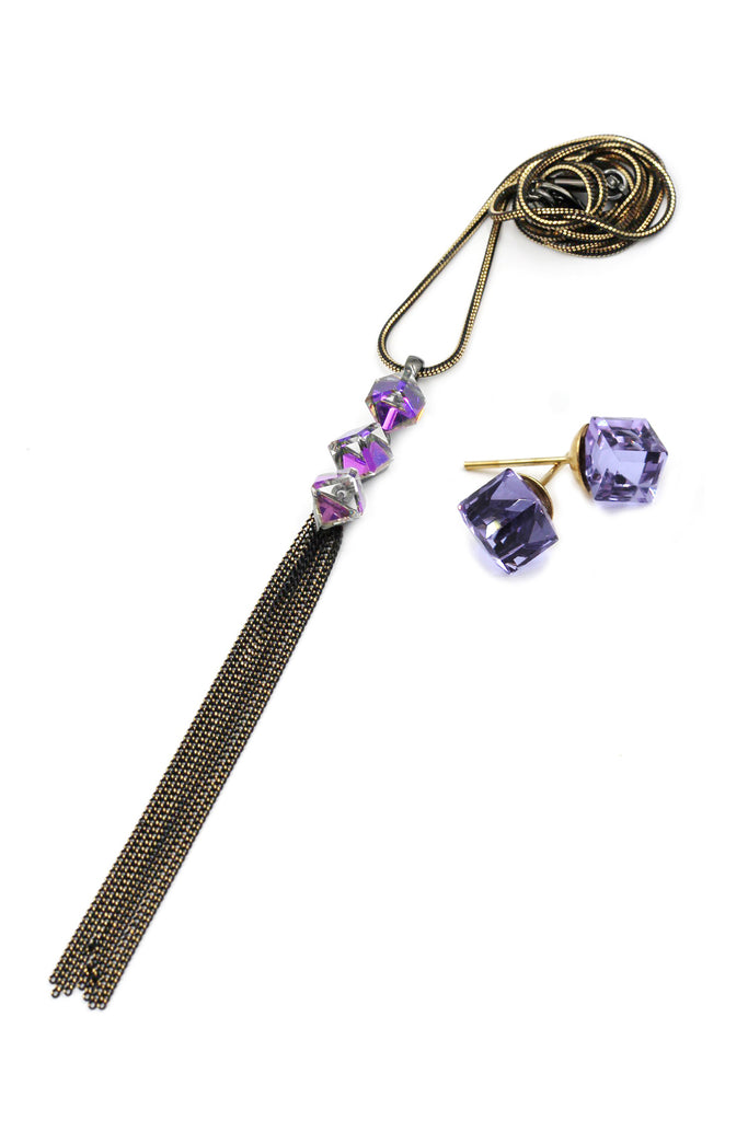 purple square crystal tassel necklace earring set