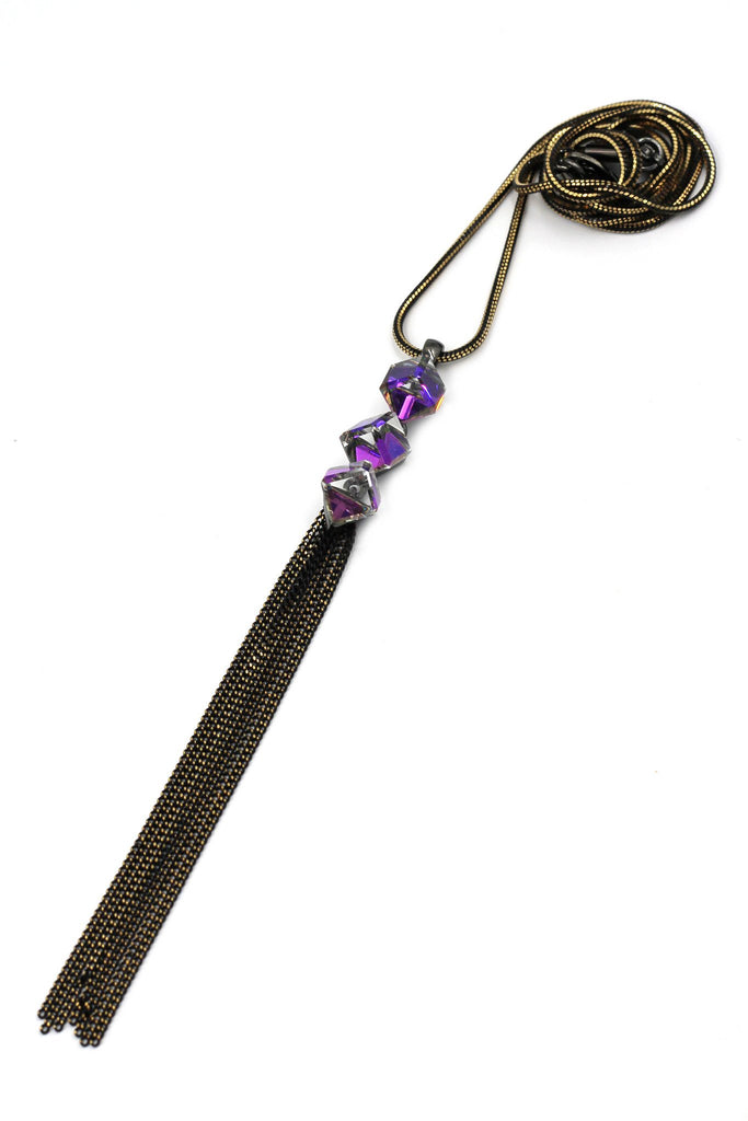 purple square crystal tassel necklace earring set
