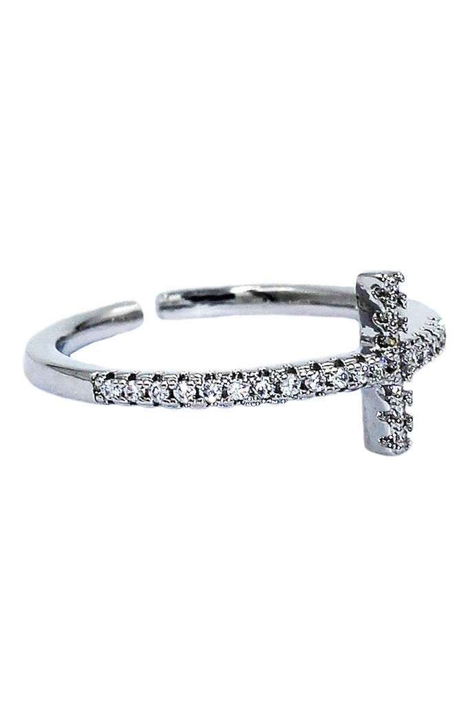 Elegant crystal cross open silver ring