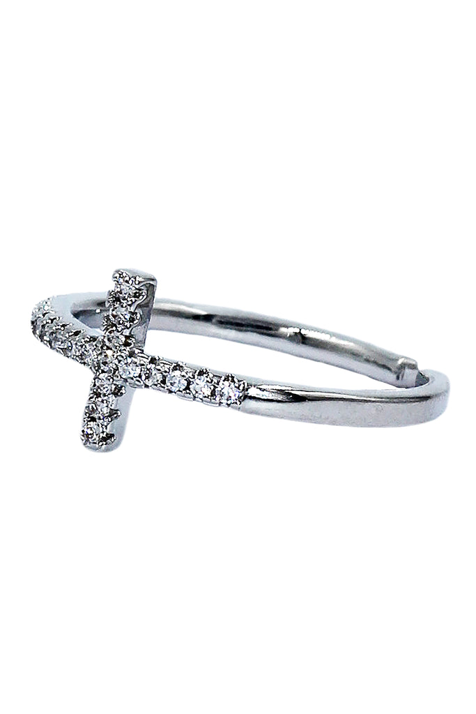 Elegant crystal cross open silver ring