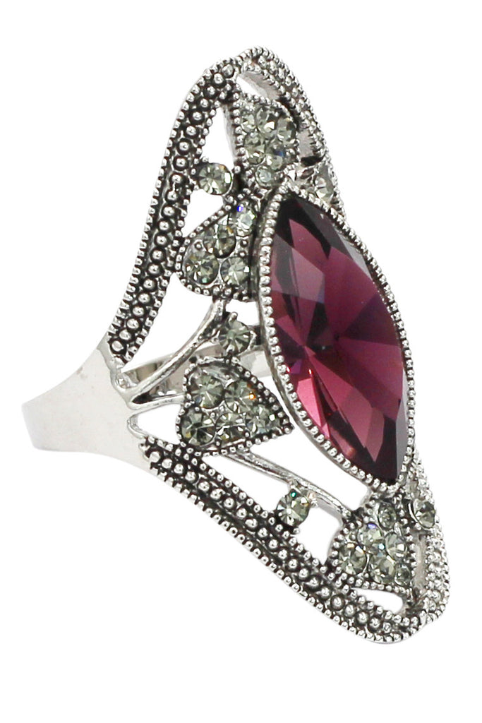 elegant red crystal oval silver ring