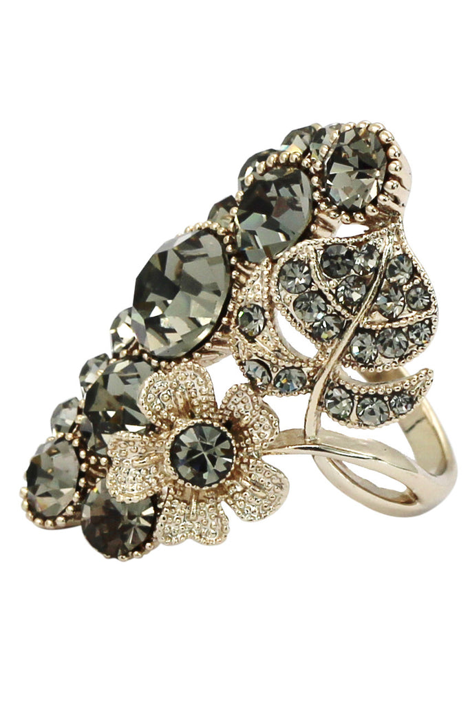 elegant crystal flower and foliage ring