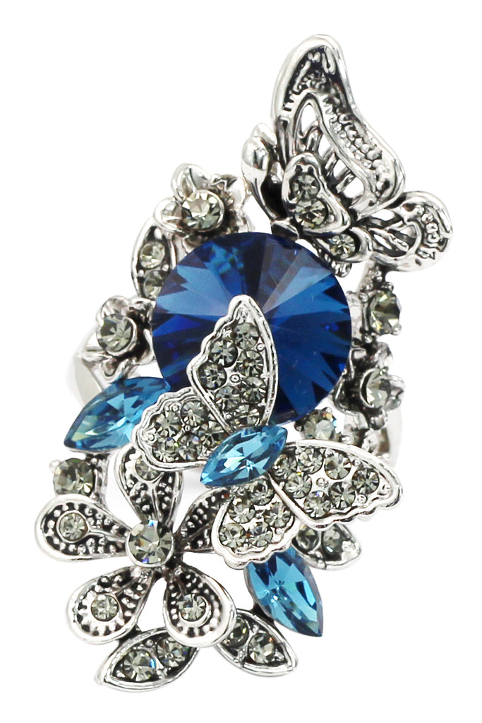 elegant crystal butterfly and flower ring