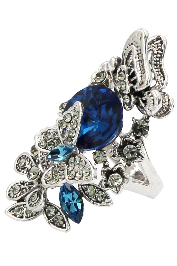 elegant crystal butterfly and flower ring