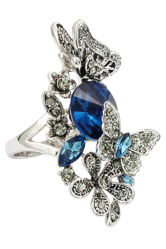 elegant crystal butterfly and flower ring