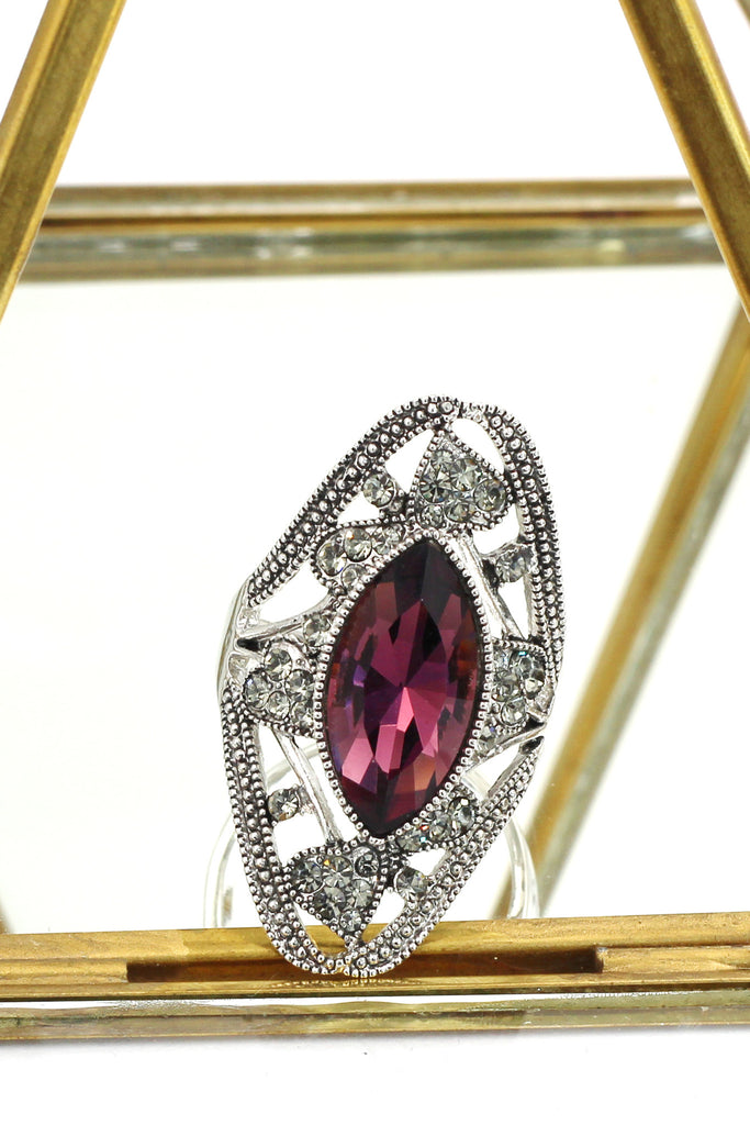 elegant red crystal oval silver ring