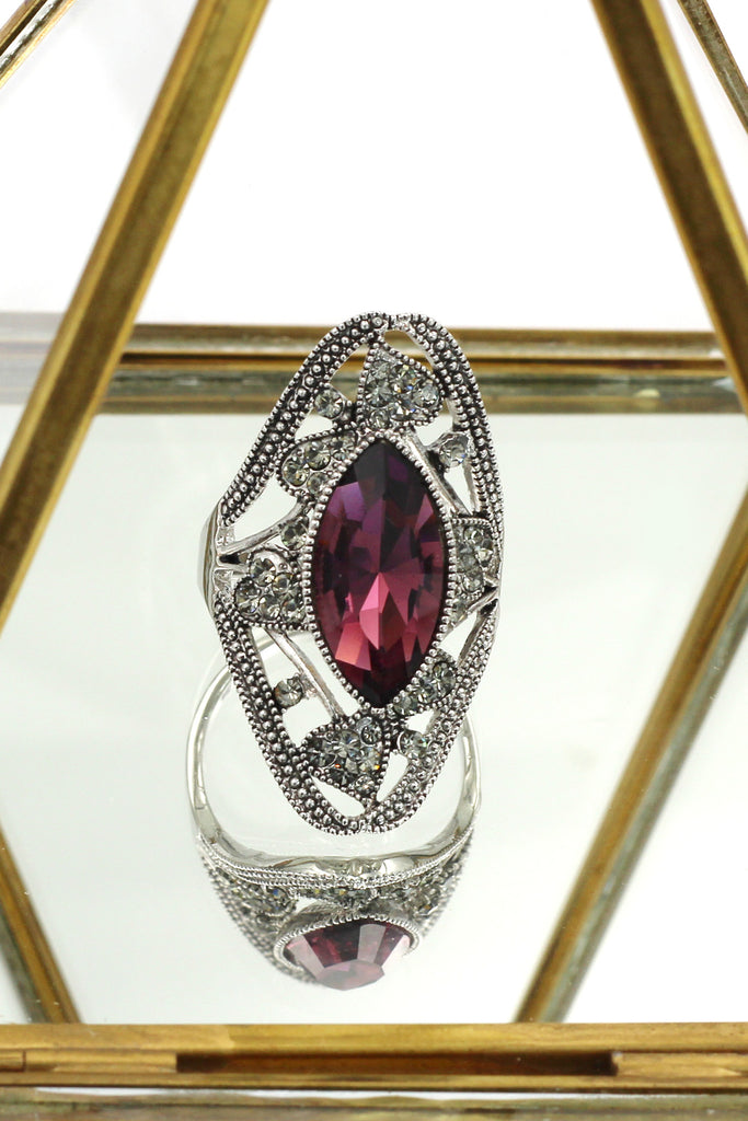 elegant red crystal oval silver ring