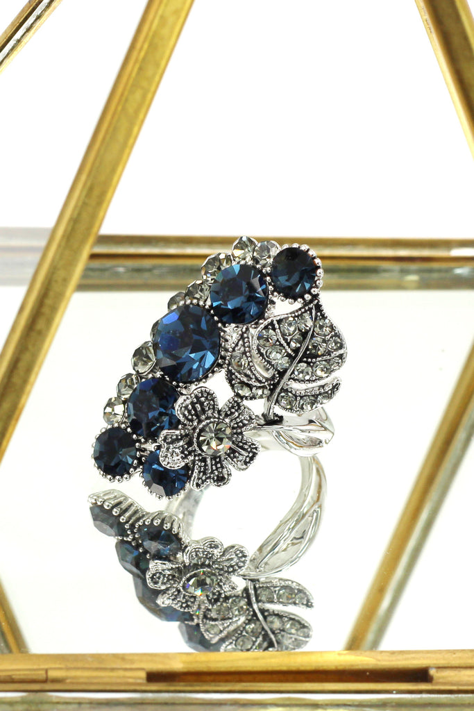 elegant crystal flower and foliage ring