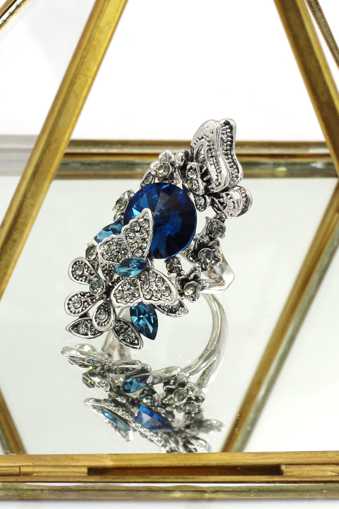 elegant crystal butterfly and flower ring