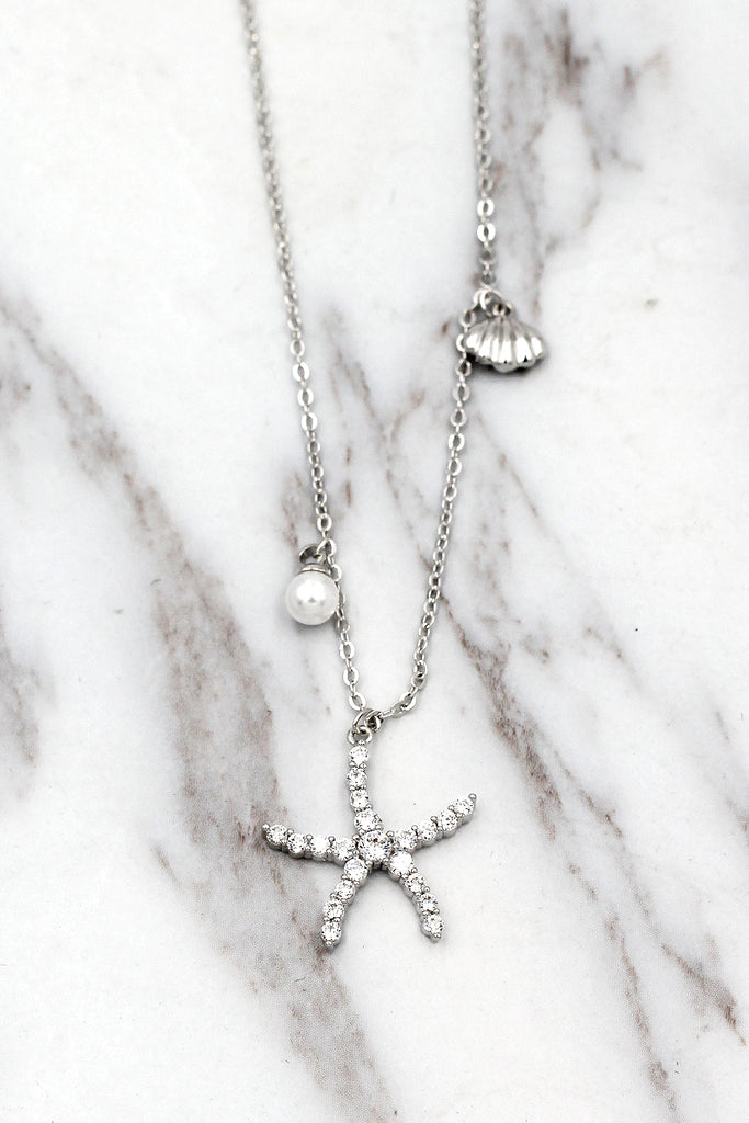crystal starfish shell pearl necklace earrings set