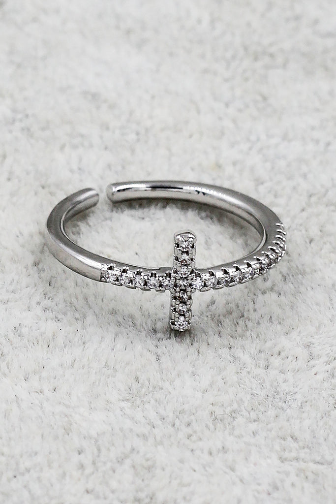 Elegant crystal cross open silver ring