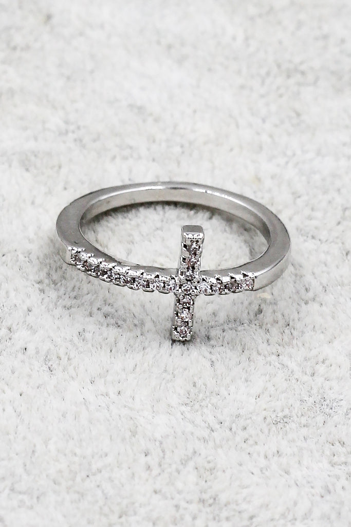 Elegant crystal cross silver ring