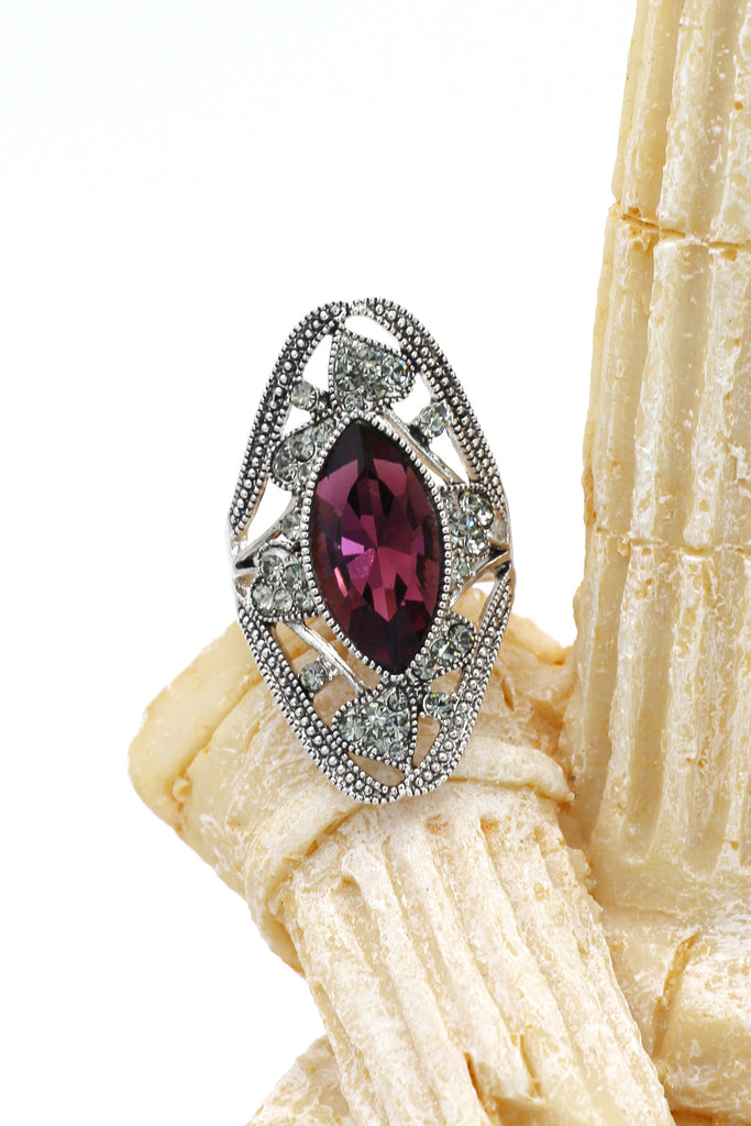 elegant red crystal oval silver ring