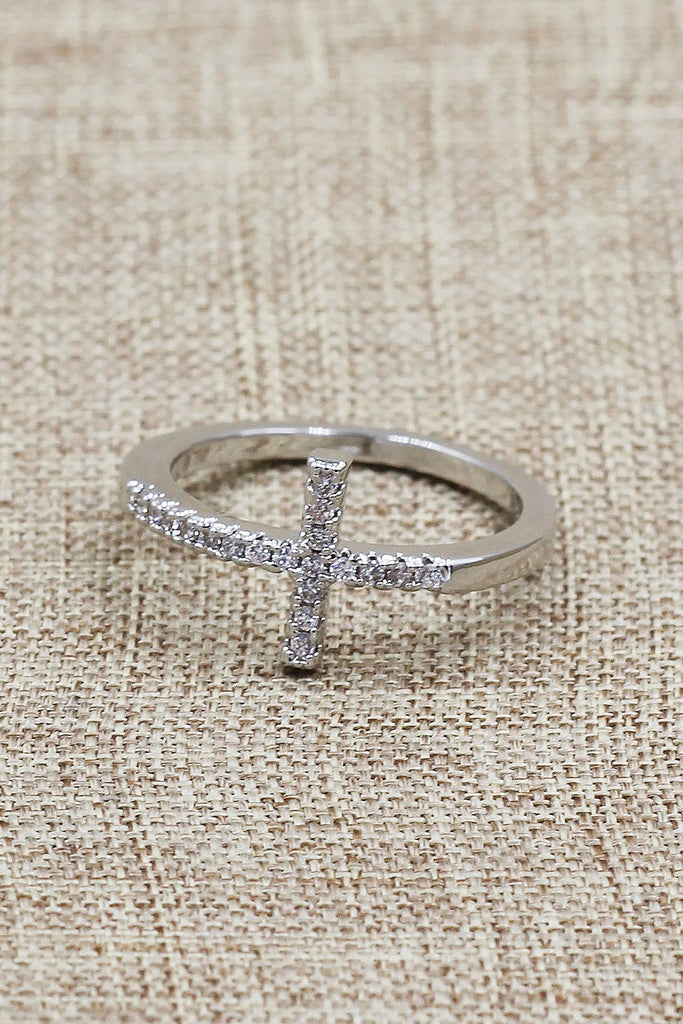 Elegant crystal cross silver ring