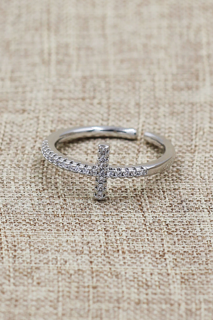 Elegant crystal cross open silver ring