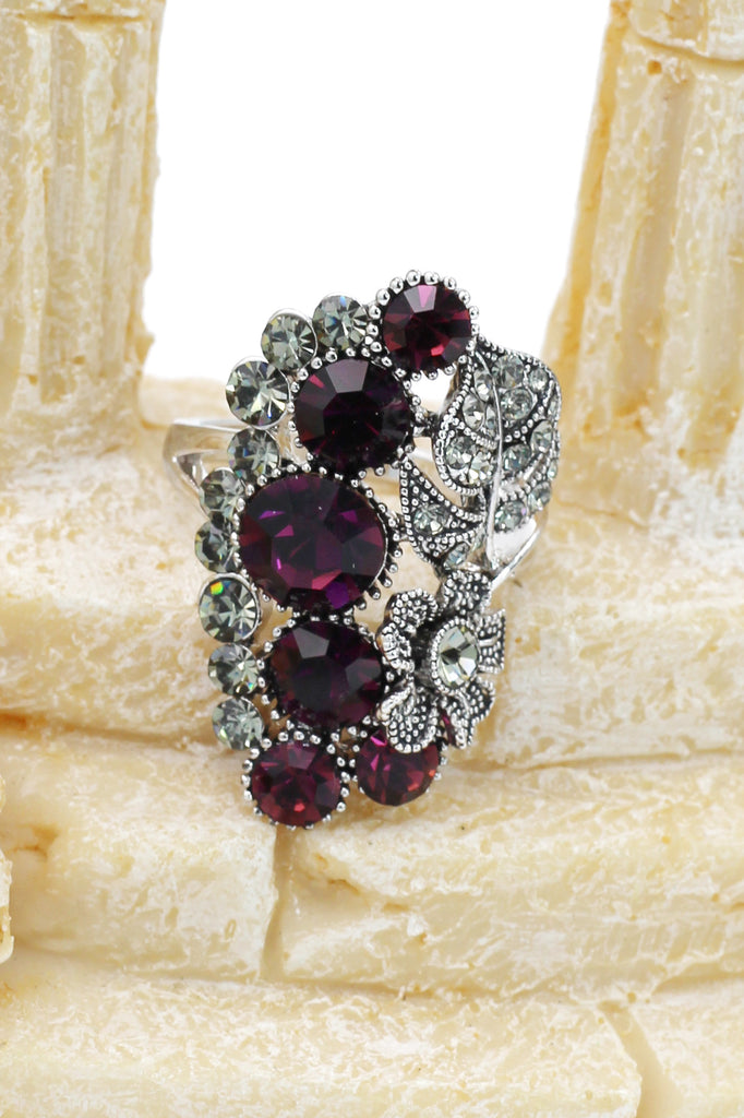 elegant crystal flower and foliage ring