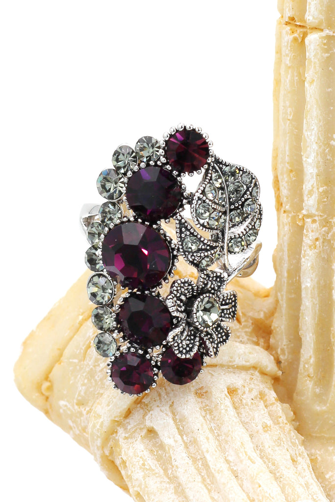 elegant crystal flower and foliage ring