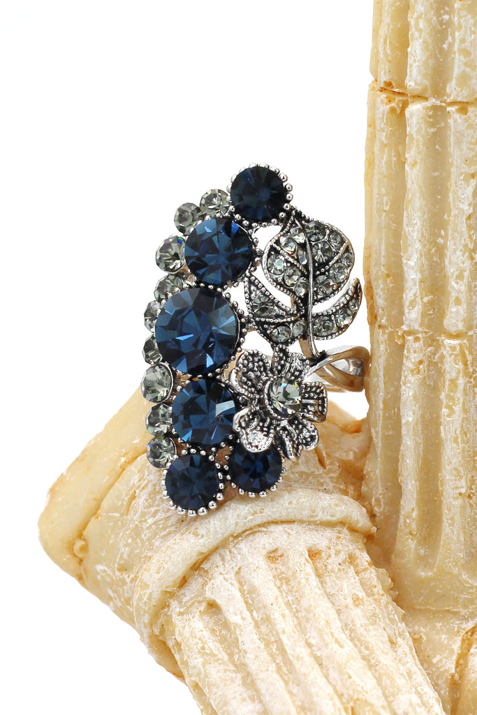 elegant crystal flower and foliage ring