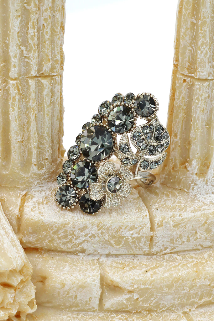 elegant crystal flower and foliage ring