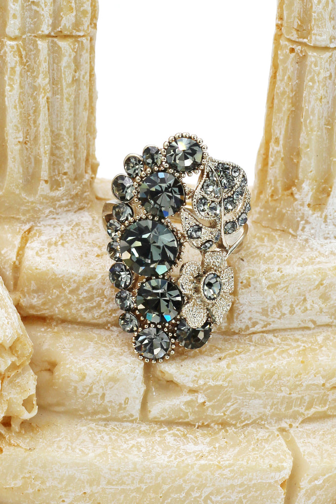 elegant crystal flower and foliage ring
