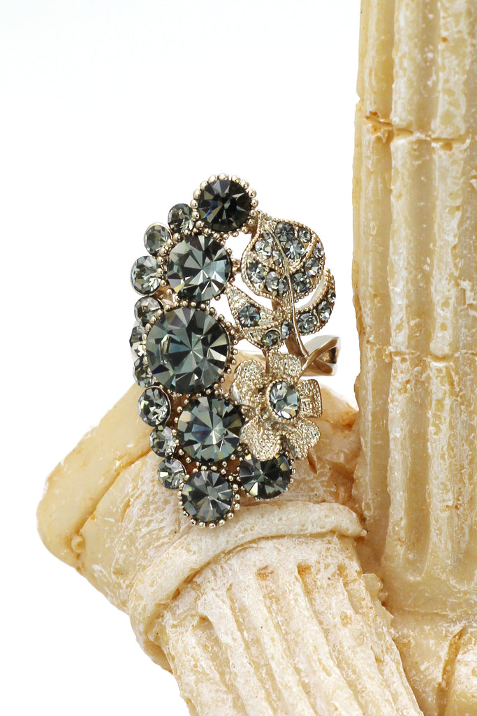 elegant crystal flower and foliage ring