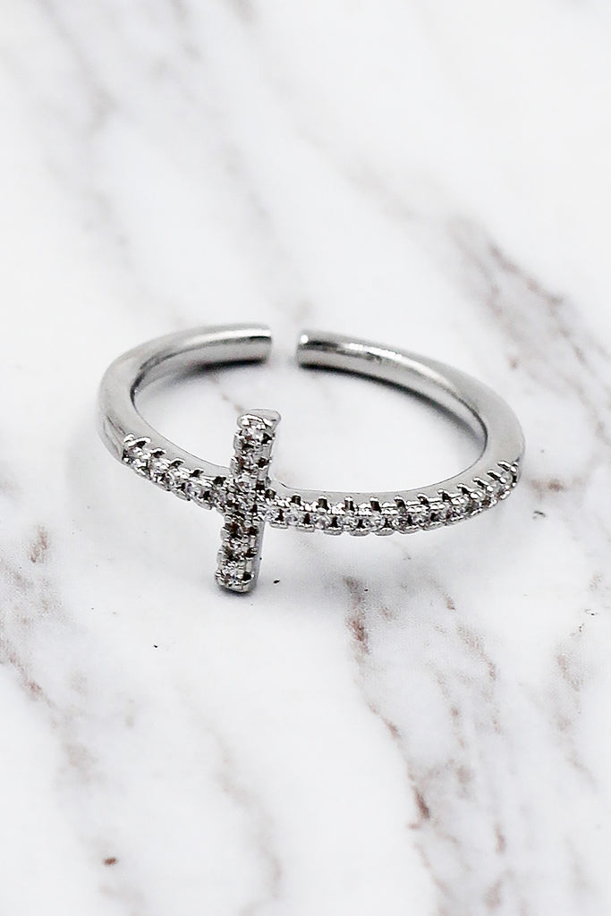 Elegant crystal cross open silver ring