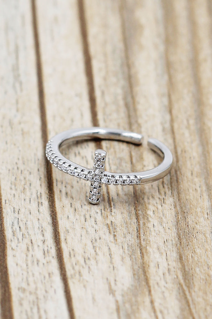 Elegant crystal cross open silver ring