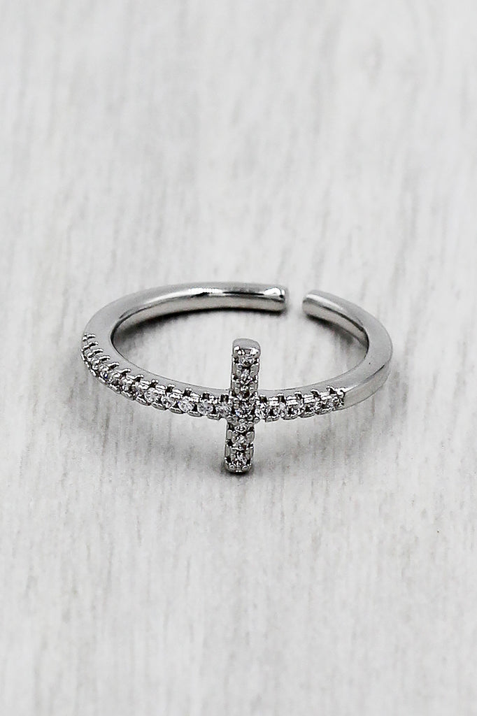 Elegant crystal cross open silver ring