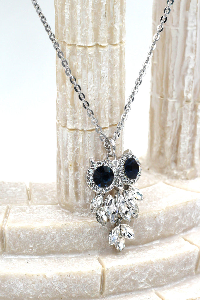 lovely crystal blue eye owl necklace earrings set